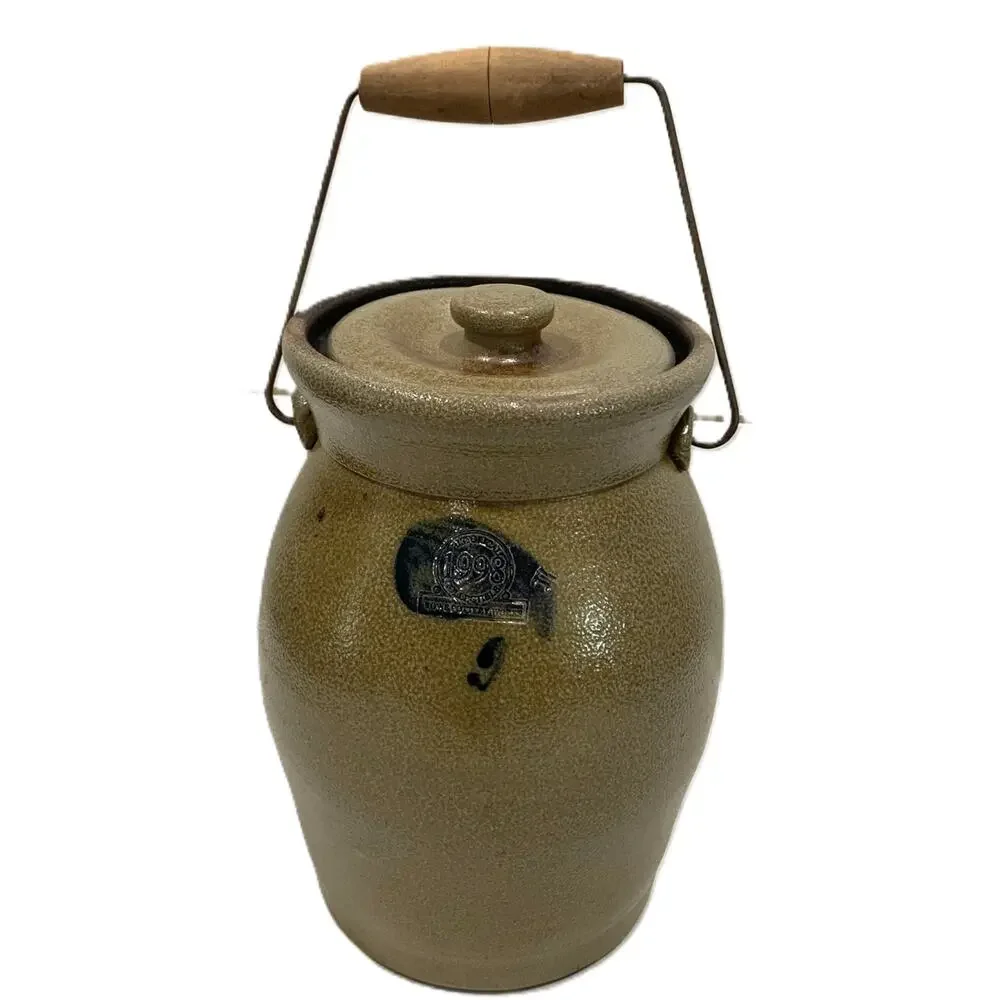 1998 Rowe Pottery Works Salt Glazed Floral Crock Vase 9” Vintage Collectible